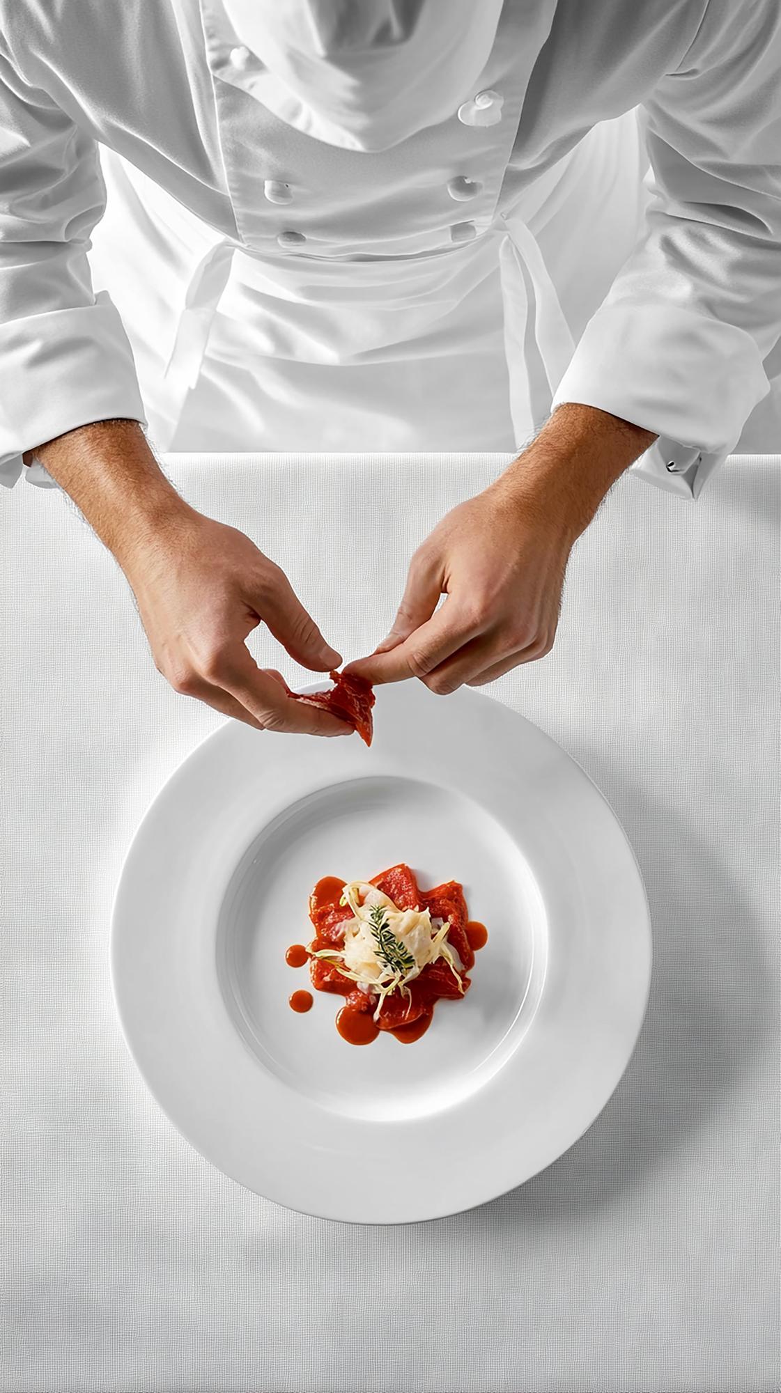 Chef al lavoro con piatto artigianale